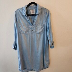 SO  Chambray Blue Tunic Relaxed Shirt Dress Large 100% Lyocell Soft